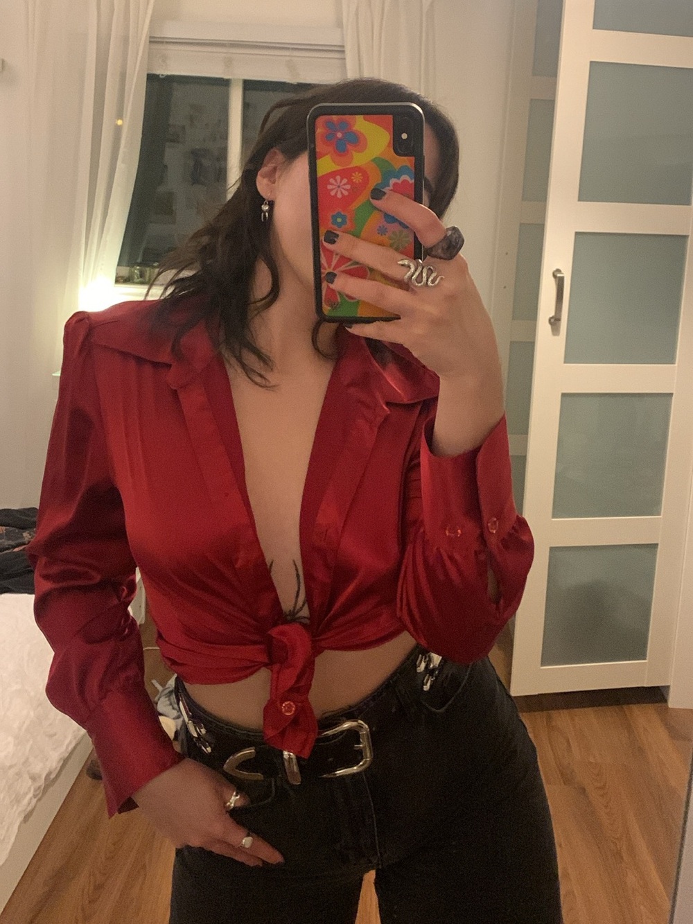 Jessica Petite Red Satin Button Down Shirt